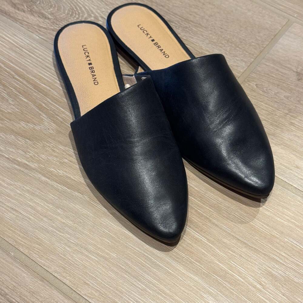 Lucky Brand Bairey Black Leather Pointed Toe Mule Flats